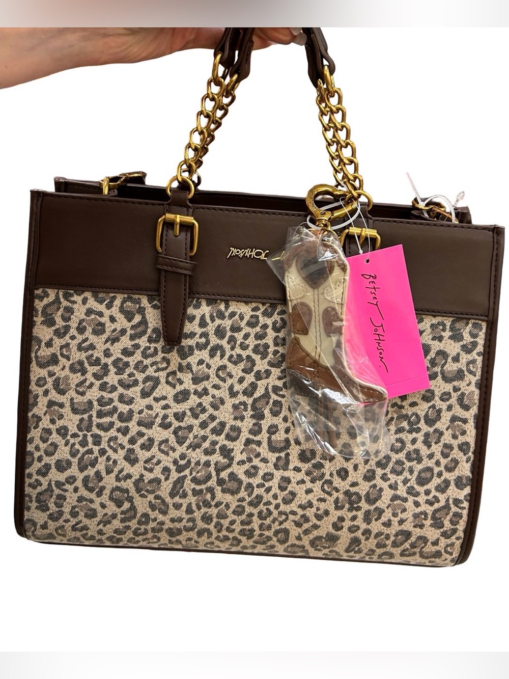 BETSEY JOHNSON LEOPARD BROWN SATCHEL &  COWBOY BOOT PURSE CHARM NWT